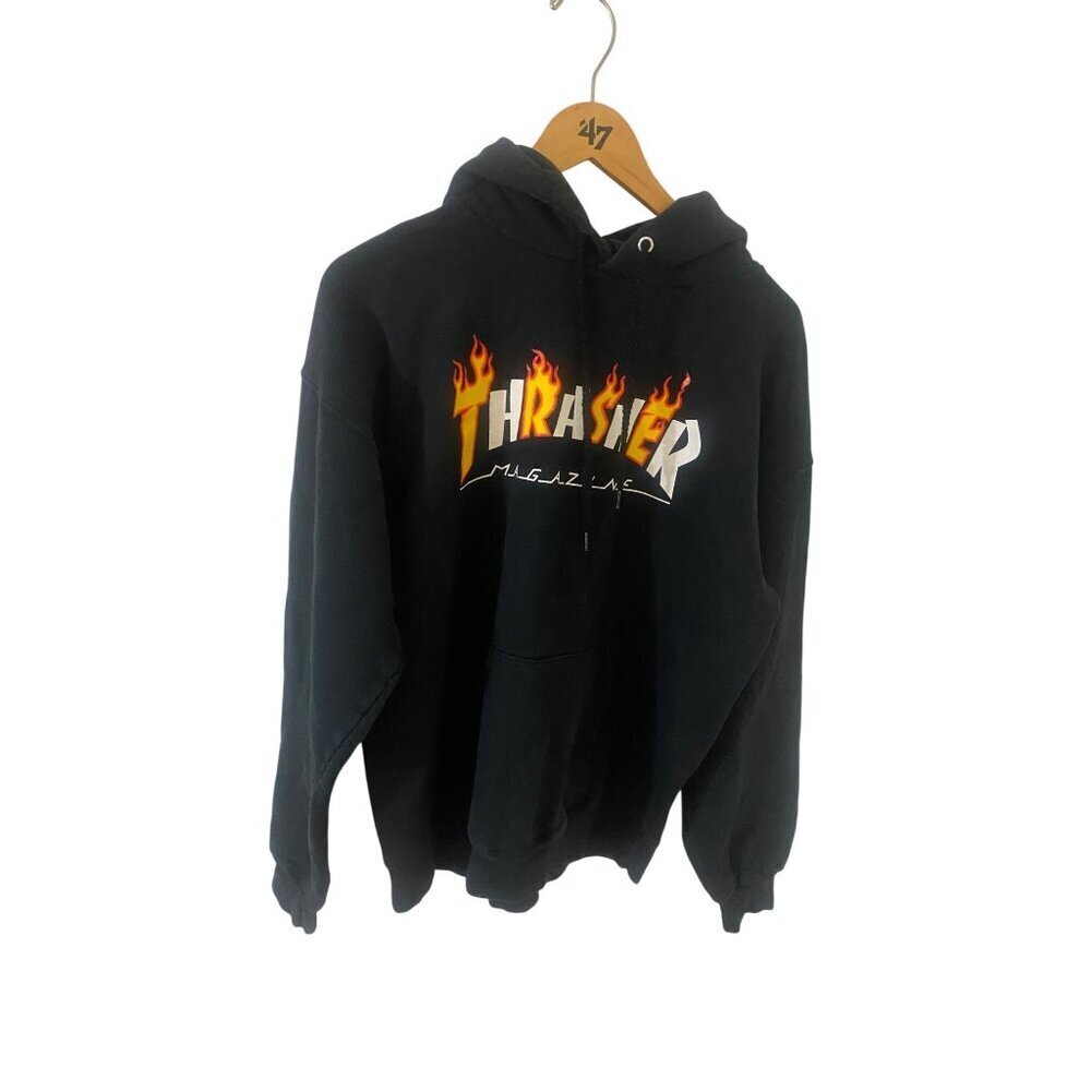 Vintage Thrasher Unisex Black Hooded Skater Sweater Skateboarding - Medium